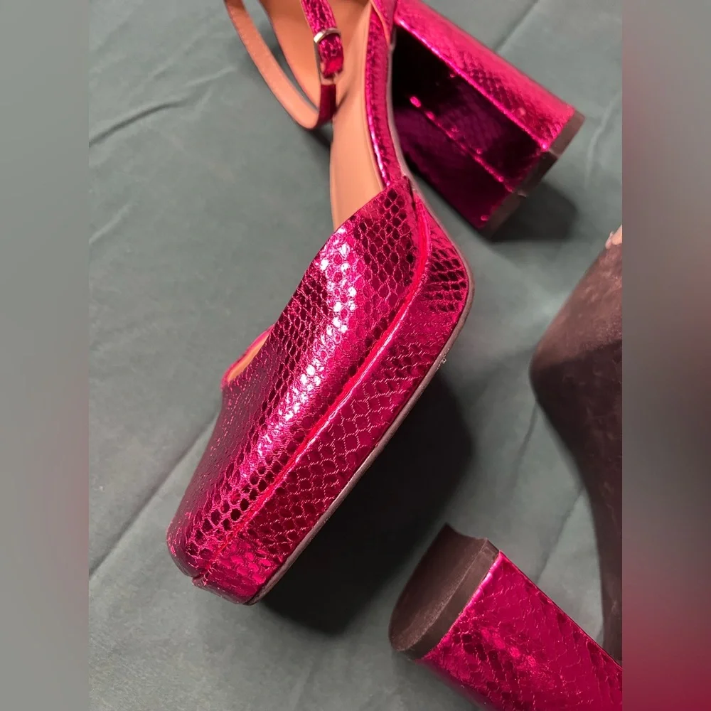 bp Metallic Pink Snakeskin Platform Block Heel Sandals